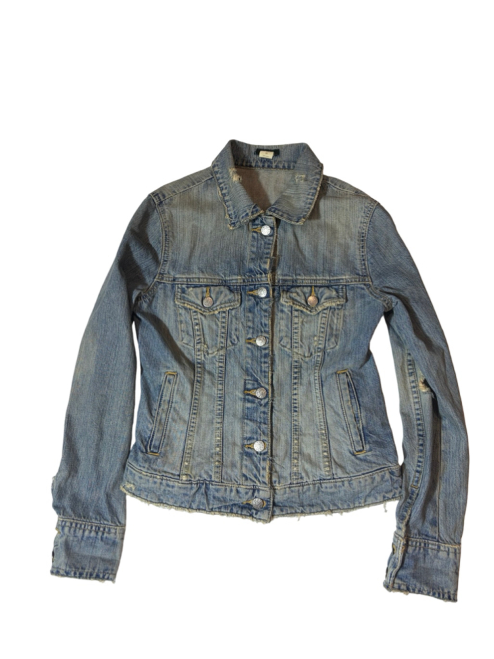 J.Crew XS Distressed Denim Trucker Jacket Y2K Grunge Faded Destroyed Jean